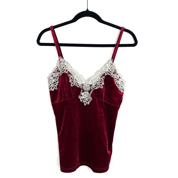 Rich Red Velvet Lace Trim Babydoll Empire Camisole Tank Top XL Coquette Holiday - Picture 1 of 9